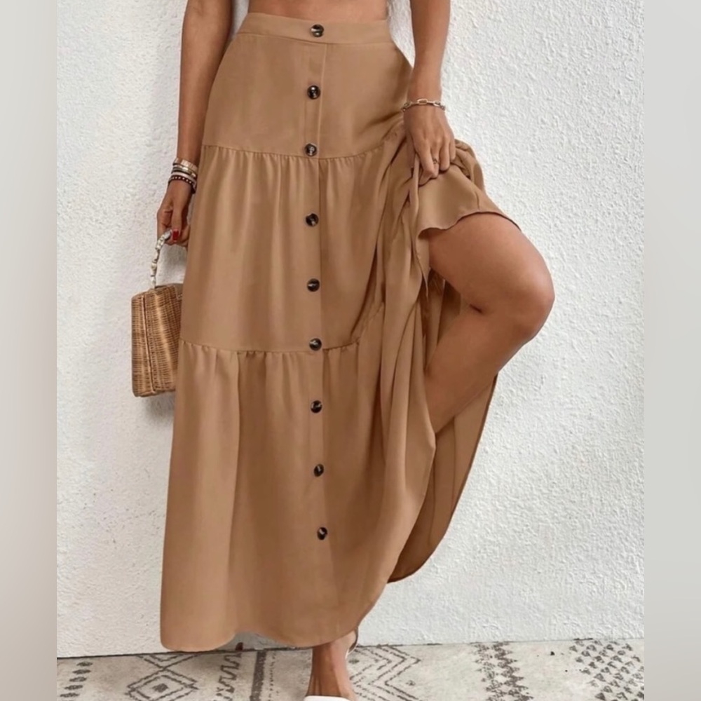 Boho solid button detail high waisted maxi skirt